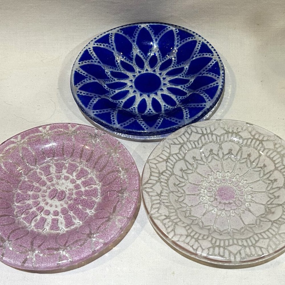 Sydenstricker Fused Glass Trinket Dish Votive Candle Holder Set of 3 Signed